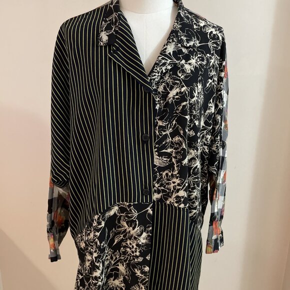 M Square Patchwork Top Tunic Women's XL Black Multi Button Front Oversized Boho - Picture 2 of 12